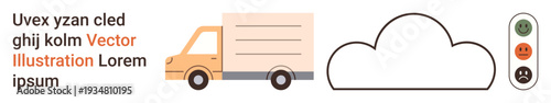 Logistics, delivery service, feedback ratings, customer satisfaction, cloud storage, transportation management. A delivery truck, cloud icon and emotion rating scale . Logistics and delivery service