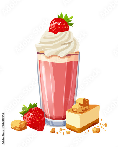 Creamy strawberry smoothie with whipped cream and fresh berry slice in glass - Vector Illustration