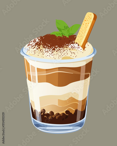 Tiramisu dessert with whipped cream and ladyfinger biscuit garnish in glass cup - Vector Illustration