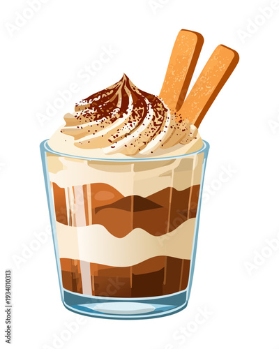 Coffee tiramisu dessert with whipped cream and chocolate shavings in a glass - Vector Illustration