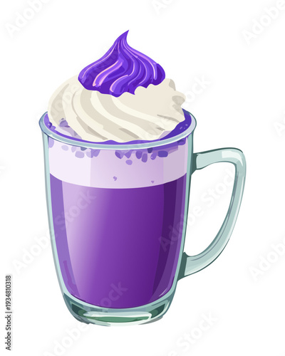 Purple blueberry latte with whipped cream and fresh berry garnish in glass - Vector Illustration
