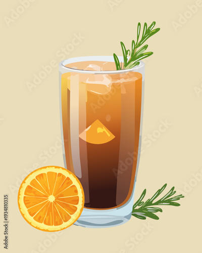 Cold brew coffee with citrus slice and rosemary garnish in glass cup - Vector Illustration