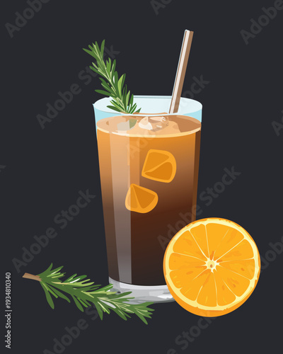 Refreshing iced black coffee with orange and rosemary in a glass cup - Vector Illustration