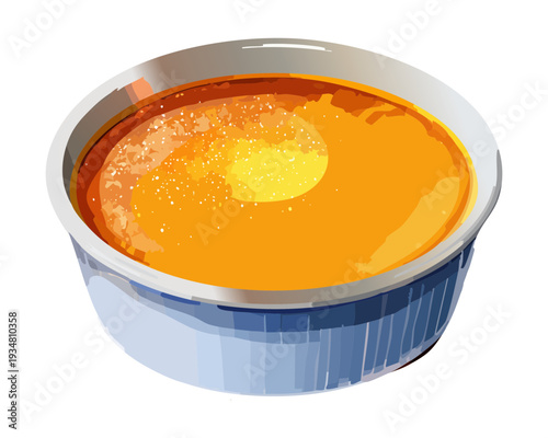Golden orange custard pudding dessert in a ceramic bowl with sugar dusting - Vector Illustration