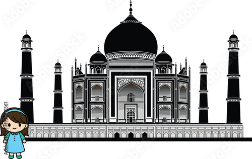 Flat Vector Illustration of a Little Girl Traveler Standing in Front of a Black Silhouette of the Taj Mahal for Family Travel and Heritage Tourism