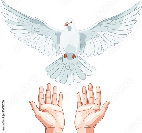 White Dove of Peace Flying Over Open Human Hands Symbolizing Hope, Freedom, Spirituality, and Religious Grace for Charity, Funeral, or Inspirational Designs
