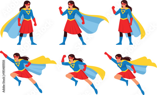 Female Superhero Character Set with Action Poses Including Flying, Standing, and Power Poses for Comics, Graphic Novels, Animation, and Heroic Concept Designs
