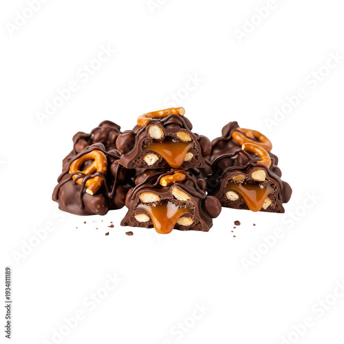 A delicious stack of chocolate covered pretzels with caramel and nuts