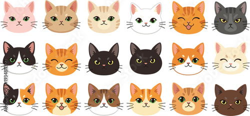Cute Cat Faces Vector Illustration Set with Different Breeds, Expressions and Cartoon Kitten Head Icons Collection