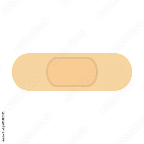 A simple, flat-design vector illustration depicts a beige band-aid with a lighter central pad, symbolizing first aid and minor wound care.