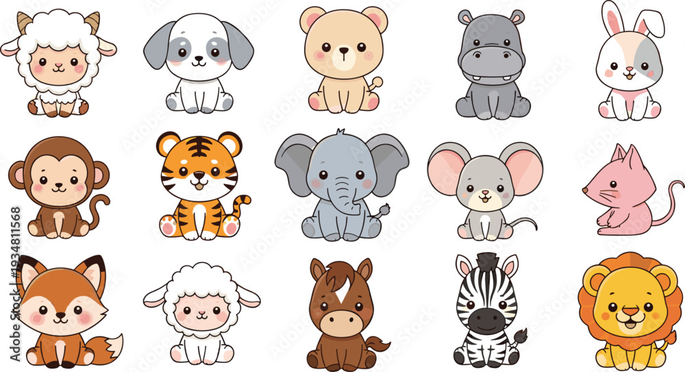 Obraz premium Cute Baby Animals Vector Illustration Set with Lion, Tiger, Elephant, Zebra, Monkey, Fox, Bear, Bunny and Farm Friends