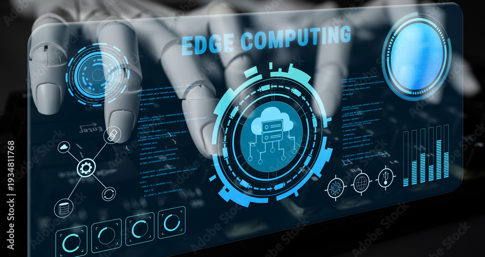 Fototapeta premium AI on edge computing devices for decentralized data processing and analysis. This AI solution improves speed by processing data locally. Motif