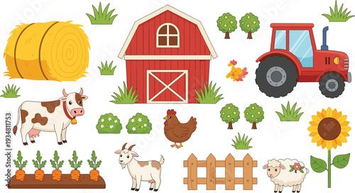 Cute Farm Life Vector Illustration Set with Barn, Tractor, Cow, Goat, Chicken, Sheep, Hay Bale and Rural Garden Elements