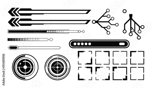 Black and white futuristic interface including arrows targets progress bars and grids