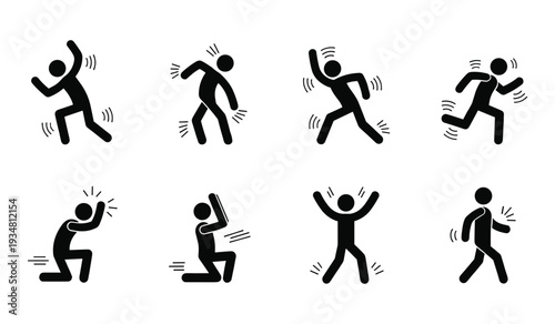 Black stick figure showing celebration and excitement with jumping running and kneeling poses