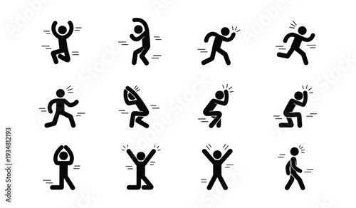 Black stick figures showing various expressions and actions white