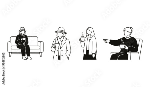 Four black and white line of people sitting and standing