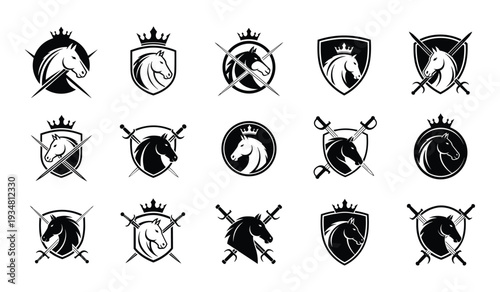 Collection of black and white heraldic emblems featuring stylized unicorns with crowns and shields
