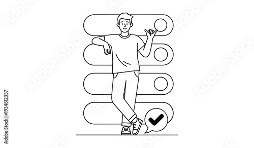 Man in white shirt and jeans standing on stacked with checkmark person jump