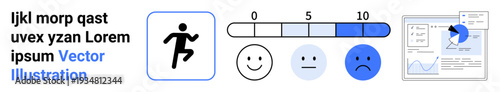 User engagement, feedback analysis, customer insights, data visualization, emotional ratings, business tools. Emotional scale from happy to sad, icon of a person and data chart. Feedback analysis