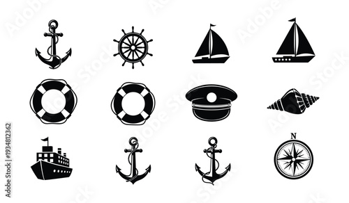 Nautical themed black and white including ships wheels anchors sailboats lifebuoys hats shells compass