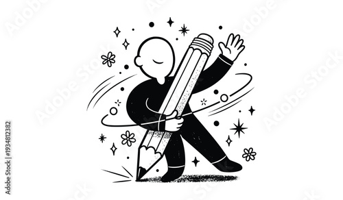 Playful black and white of a person holding a large pencil and sketching