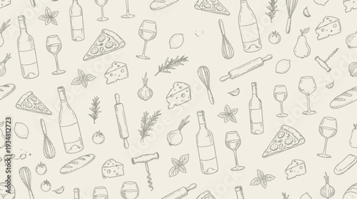 Hand Drawn Italian Food and Kitchen Utensils Seamless Pattern