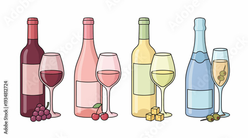 Colorful Wine and Champagne Bottles with Glasses Illustration