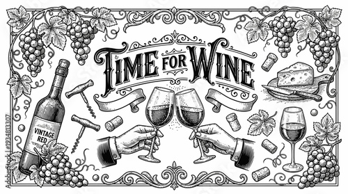 Vintage Time for Wine Engraving with Grapes Cheese and Toasting Glasses