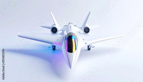 Sleek, futuristic white aircraft with multiple engines, wings, and a multi-colored cockpit window