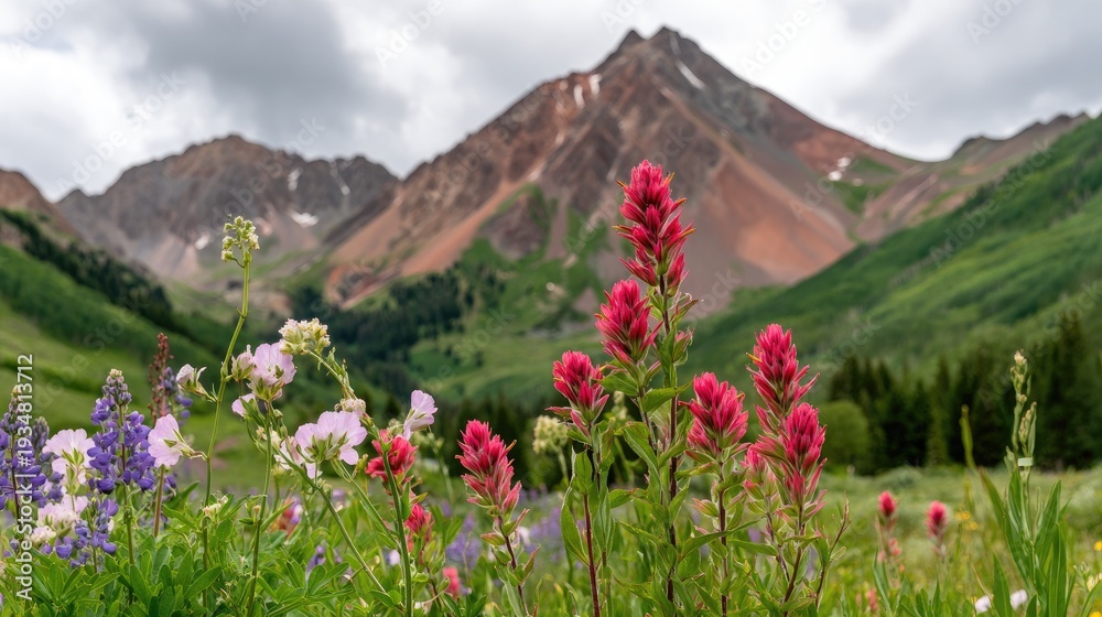 Fototapeta premium Vibrant alpine wildflowers bloom abundantly in the foreground of a majestic mountain range under an overcast sky.