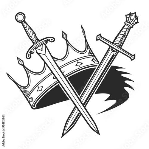 Majestic royal crown crossed by two intricately designed medieval swords symbolizing power and honor