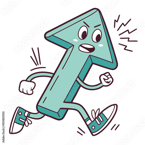 Angry cartoon upward arrow character running forward with focused expression symbolizing rapid progress