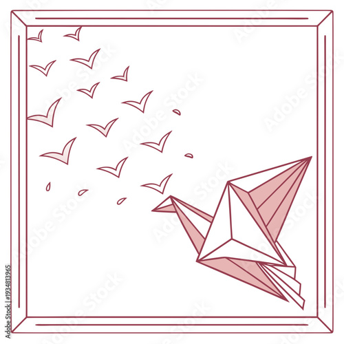 Geometric origami paper crane flying toward flock of small birds symbolizing peace and journey