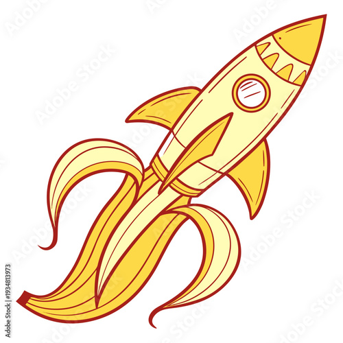 Whimsical banana peel transforming into stylized rocket launching upward suggesting fast growth