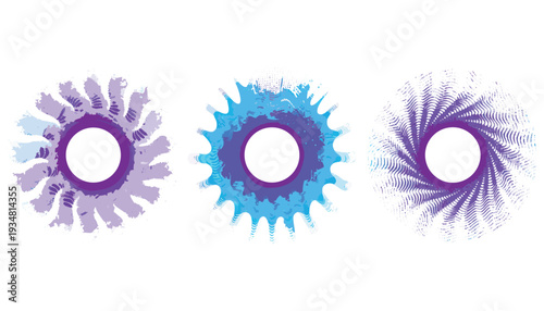 Three abstract circular in purple and blue hues with textured and dotted patterns on a white... desi