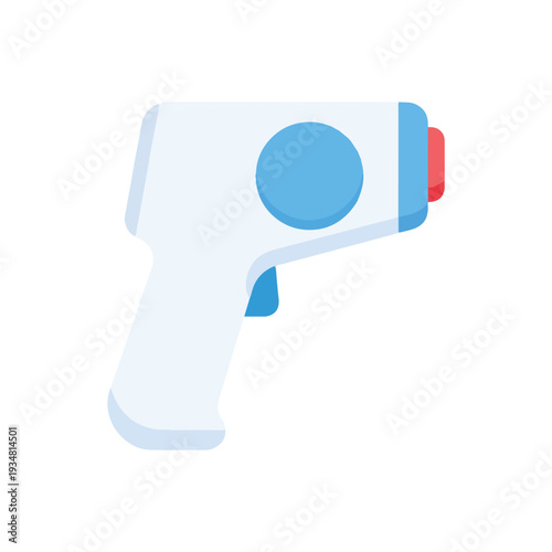 A flat vector illustration depicts a light blue and white non-contact infrared thermometer, designed with a circular sensor and red button.