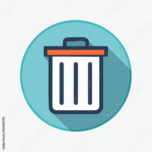 Modern trash can icon with orange lid on turquoise background