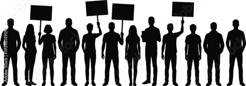 Group of protesters holding blank signs silhouette, social activism rally and peaceful public demonstration for rights awareness
