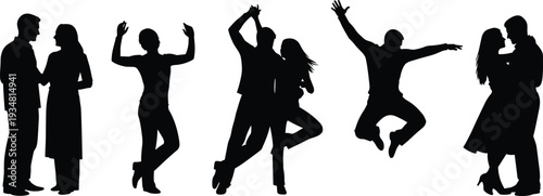 Romantic couple silhouettes dancing jumping hugging love relationship celebration black silhouette isolated on white background people illustration set