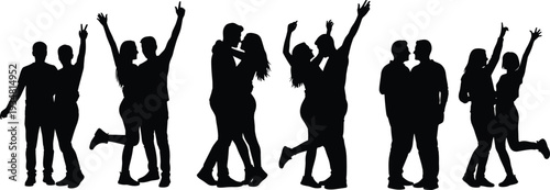 Romantic couple silhouettes hugging kissing celebrating love relationship young people black silhouette isolated on white background illustration set