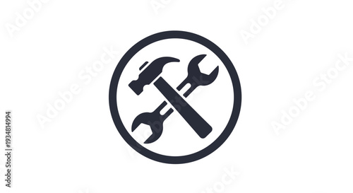 A black icon of a hammer and wrench crossed over each other in a circle.