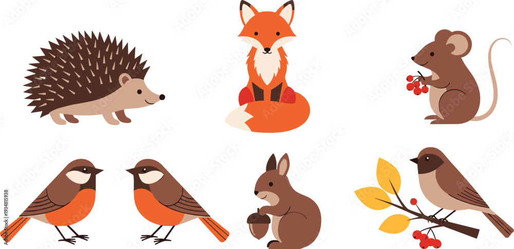 Obraz premium Cute Woodland Forest Animals Vector Illustration Set with Fox, Hedgehog, Mouse, Squirrel and Autumn Birds