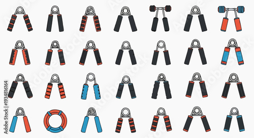 Collection of hand grips of various designs and colors, perfect for strength training and fitness enthusiasts. The grips offer diverse resistance levels and ergonomic handles, suitable for all users