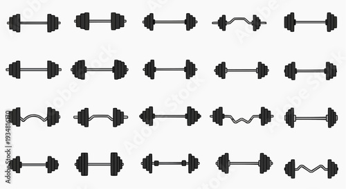 Dumbbell array illustration. A comprehensive collection of various dumbbell illustrations, suitable for fitness and exercise-related content. The image showcases different dumbbell forms and designs