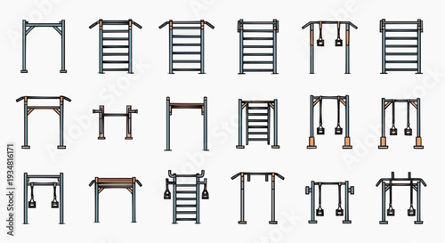 An array of outdoor exercise equipment, ready for use