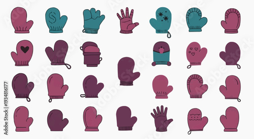 A collection of various winter mittens, with different styles and colors. Displaying a variety of winter mittens with various styles and hues, with the background removed.