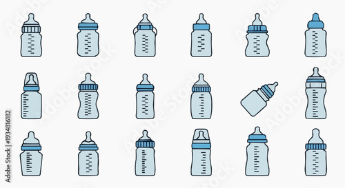 Set of Various Baby Bottles with Blue Accents. This artwork presents a collection of illustrated baby bottles