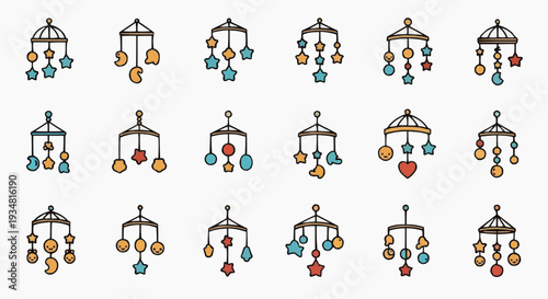 A collection of baby crib mobiles with different shapes and colors, arranged in a grid pattern. The mobiles are adorned with stars, moons, and other decorative elements