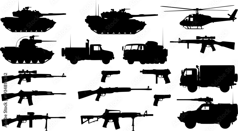 Naklejka premium armed forces silhouette set. Collection of various realistic military vehicles and firearms. Vector illustration on white background